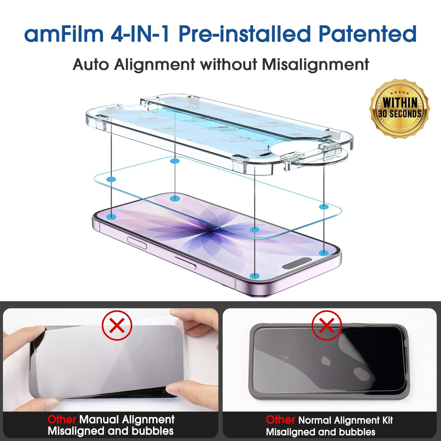 amFilm Auto-Alignment OneTouch for iPhone 16 [6.1''] Screen Protector + Camera Lens Protector, Tempered Glass, 30 seconds Installation, Bubble Free, Case Friendly, Anti-Scratch [2+2 Pack]