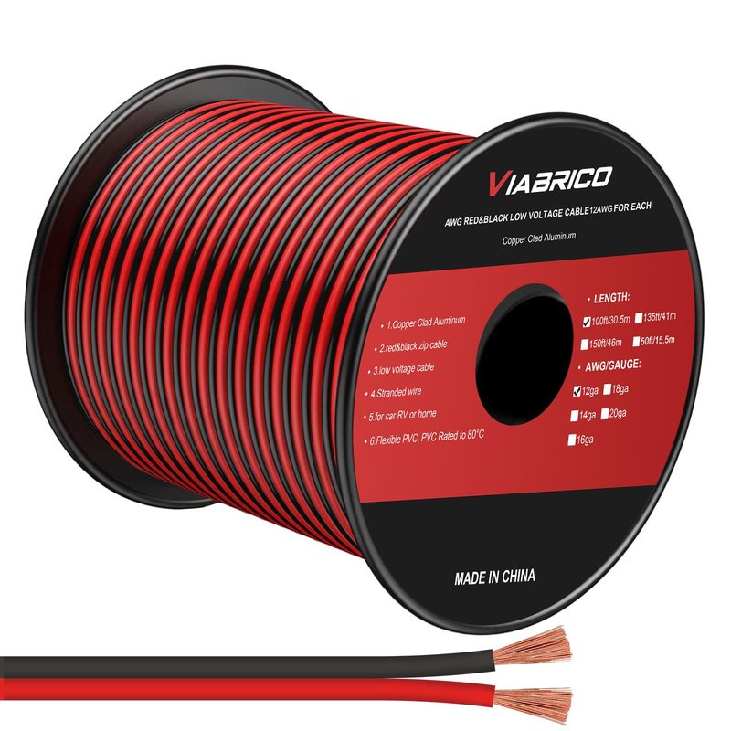 VIABRICO 12Gauge 100FT Electrical Wire Cable 2 Conductors Red Black Cable Hookup LED Lighting Strips Flexible Extension Cord 12AWG Copper Clad Aluminum 12V/24V DC 30.5M