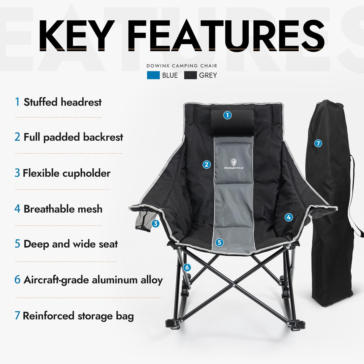 Dowinx Oversized Rocking Camping Chair, Fully Padded Patio Chair with Side Pocket and Carry Bag, High Back Portable Lawn Recliner with Headrest, Support 300 lbs, Grey