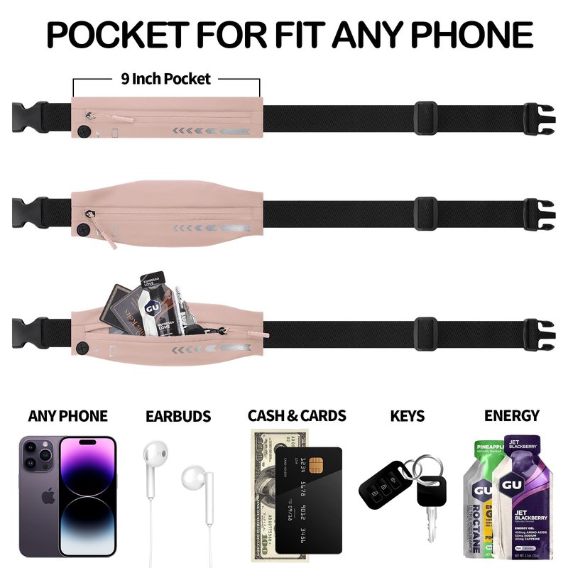 USHAKE Slim Running Belt for Women Men-Runners Phone Holder Fanny Pack, Adjustable, Bounce Free Waist Pouch bag for Workout, Money Belt, Run Gear Accessories Pink
