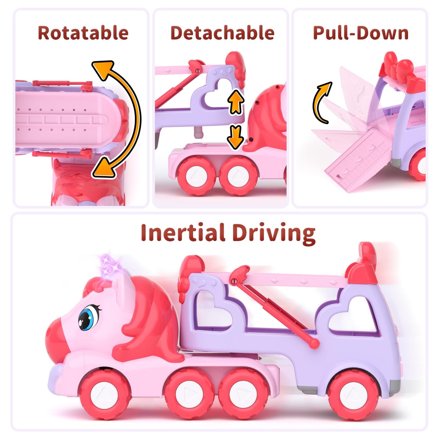 usrela Toys for 1 2 3 Year Old Girl Truck, 7-in-1 Girl Carrier Truck Car with Light & Sound, Toddler Girl Car Toys Age 1-3 2-4, Unicorn Toy Cars for 1 2 3 Year Old Girls Birthday