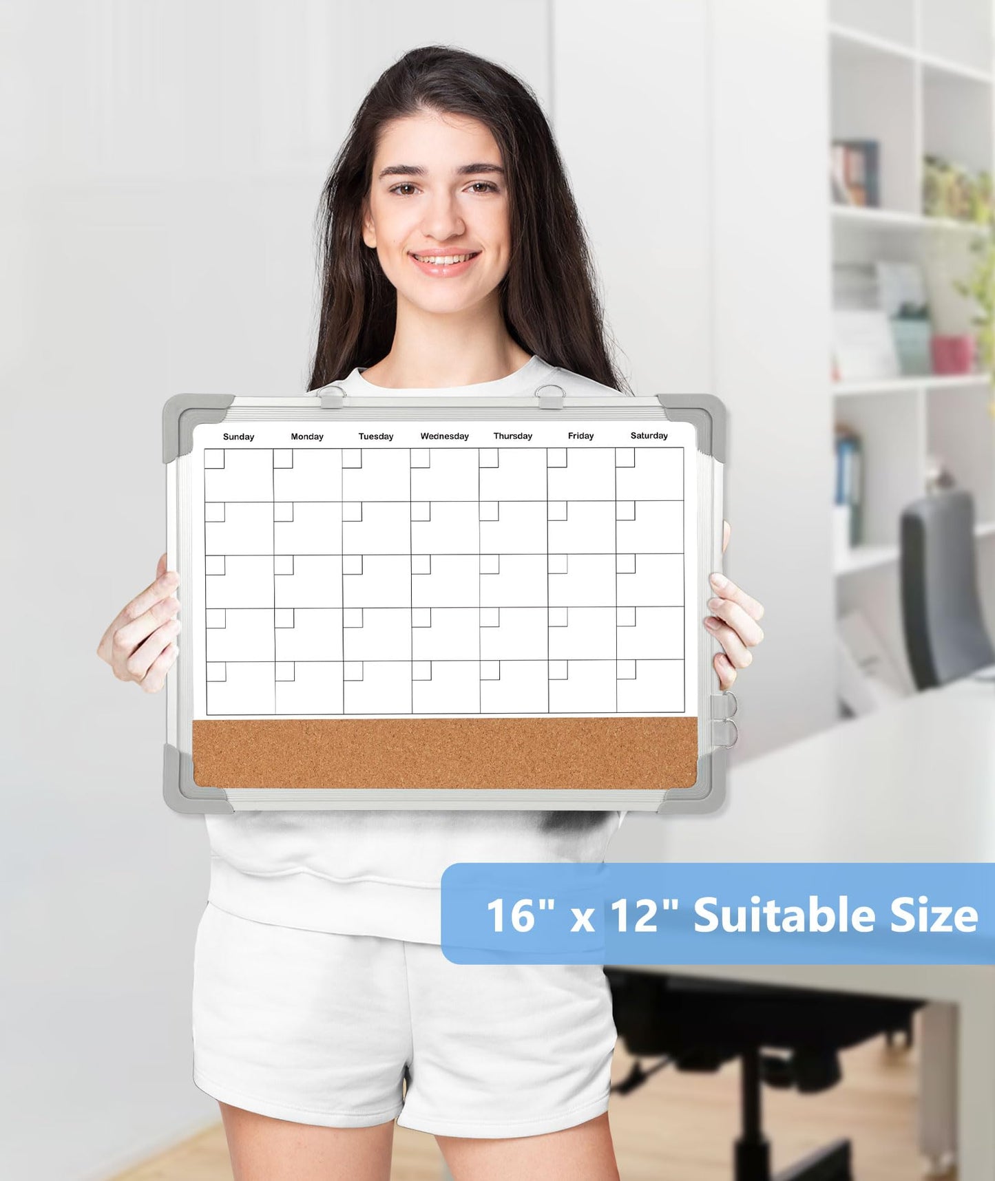 Dry Erase Calendar & Cork Board, 16" x 12" Double-Sided Whiteboard Calendar Cork Board Combo for Wall, Hanging Monthly Calendar Board with Markers, Magnets Pins, Eraser