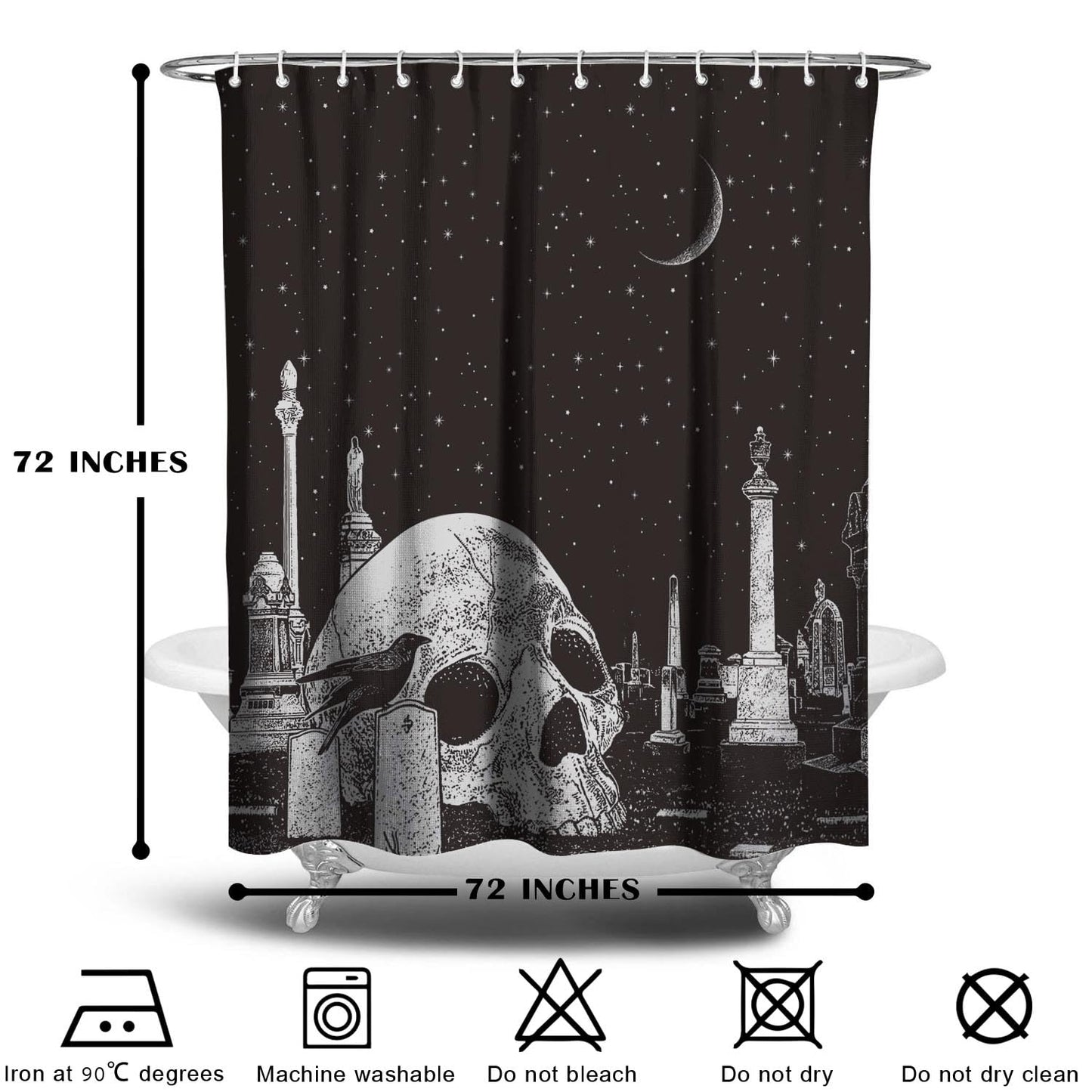 Mloabuc® Happy Halloween Shower Curtain 72x72inch Gothic Black White Sugar Skull Skeleton Witchy Shower Curtain Spooky Bathroom Set Moon Crow Bathtub Accessoriess Decor, Sets with 12 Hooks