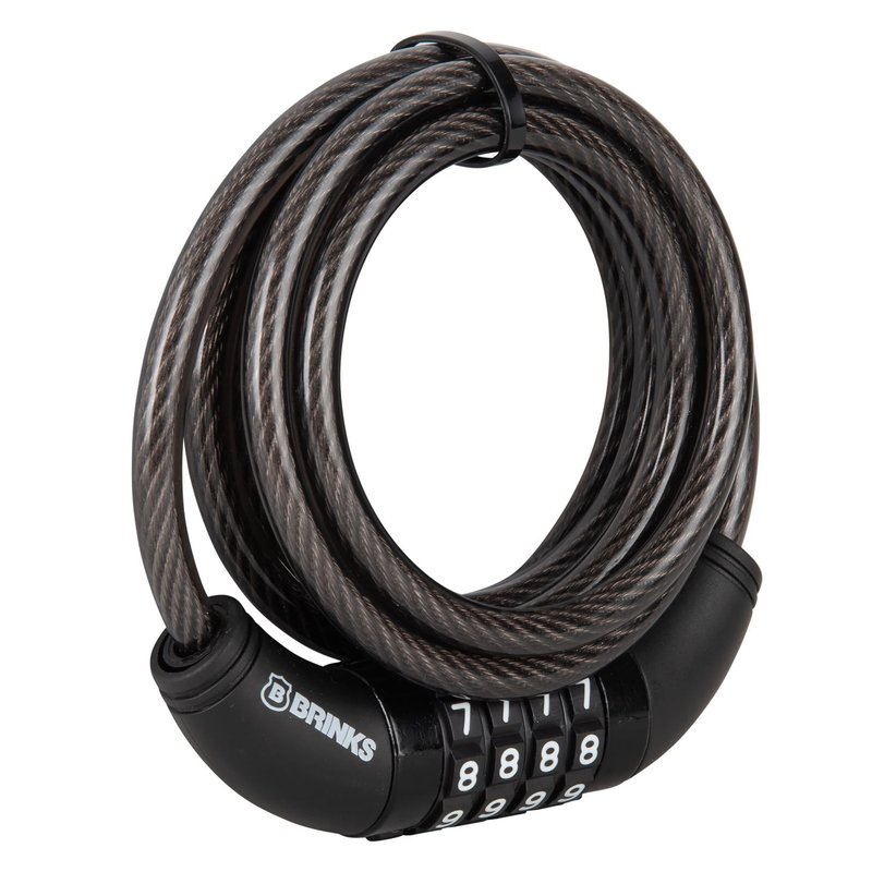 BRINKS 6 ft Outdoor Bike Lock Cable, Anti Theft Self-Coiling Design, Resettable 4-Dial Combination, 5/16" Weather-Resistant Vinyl Coating for Bikes