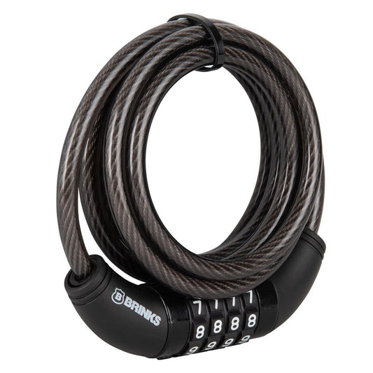 BRINKS 6 ft Outdoor Bike Lock Cable, Anti Theft Self-Coiling Design, Resettable 4-Dial Combination, 5/16" Weather-Resistant Vinyl Coating for Bikes