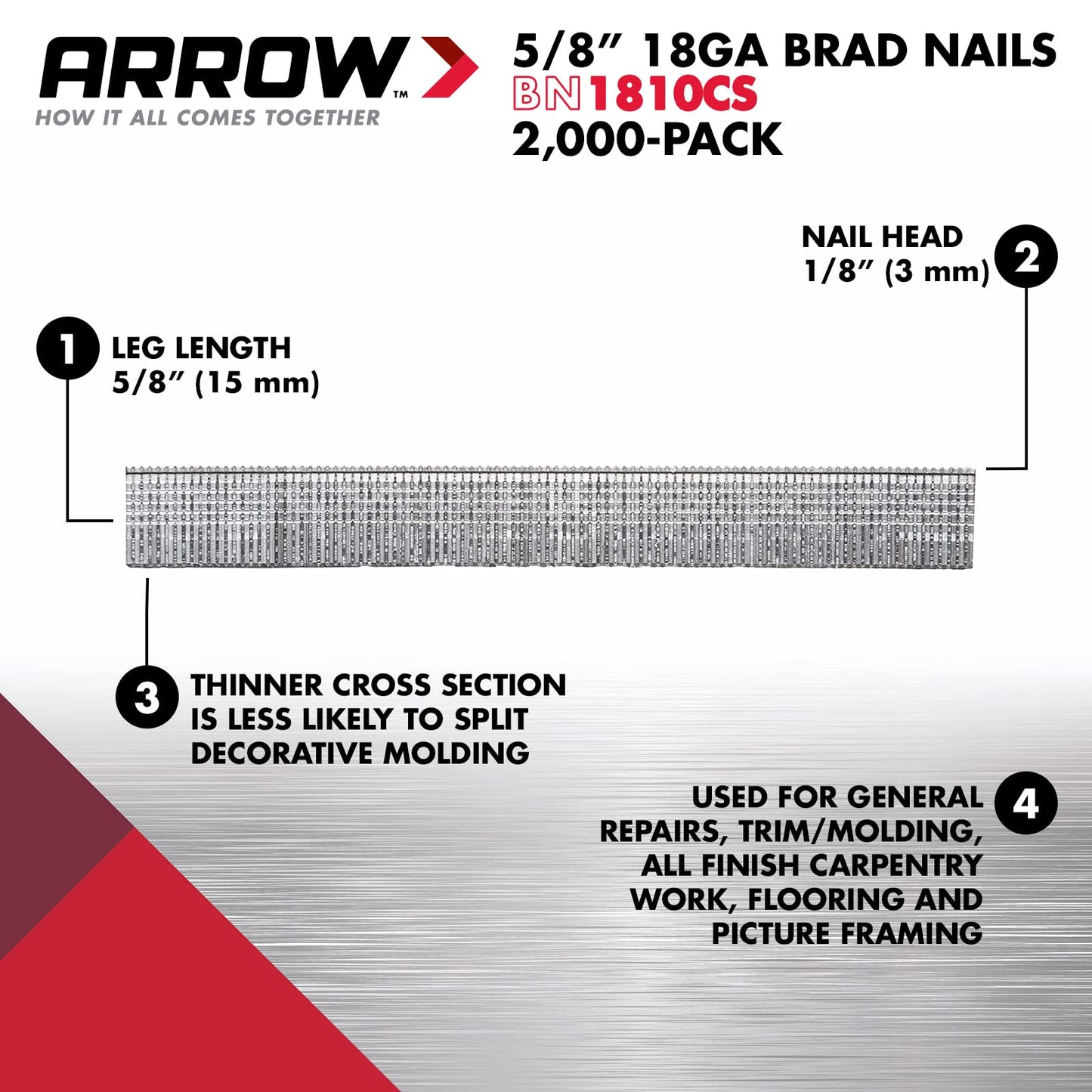 Arrow BN1810CS 18-Gauge Steel Brad Nails for Molding, Cabinets, Framing, Trim, and Finishing, Safe to Use with Electric or Battery Powered Nailers, Steel, 5/8 Inch, 1000 Count (Pack of 1)