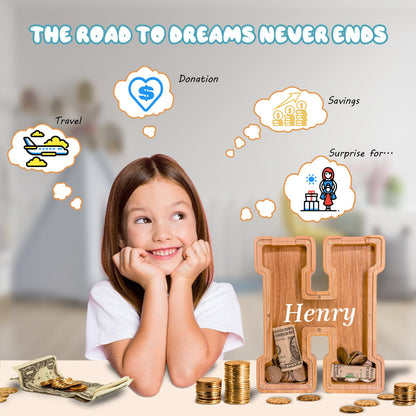 JOOMLAFLY Wooden Letter Piggy Bank for Kids - Personalized Initial Coin Bank for Boys and Girls