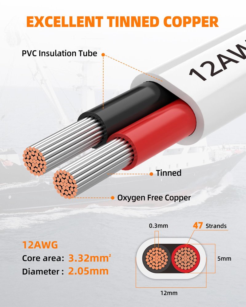 CONEPY 12 Gauge Marine Wire, 12/2 Duplex Marine Grade Cable, IP68 Waterproof/Oxygen-Free Tinned Copper Stranded PVC 12 AWG Wire for Boat, Automotive, RV, Solar, LED Strips (500FT)