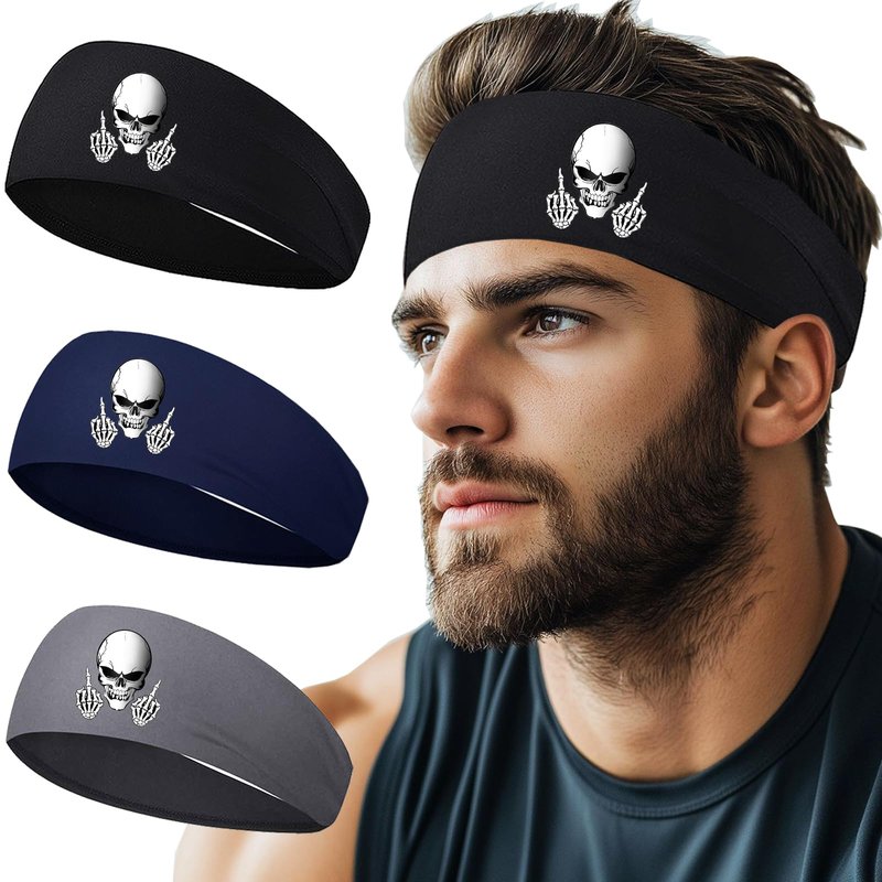 Headbands for Men Women 3 Pcs Sports Sweat Bands Headbands Men Skull Finger Workout Sweatbands for Mens Women Cooling Headband Running Head Band for Mens Elastic Hairband for Yoga Gym Athletic Gifts
