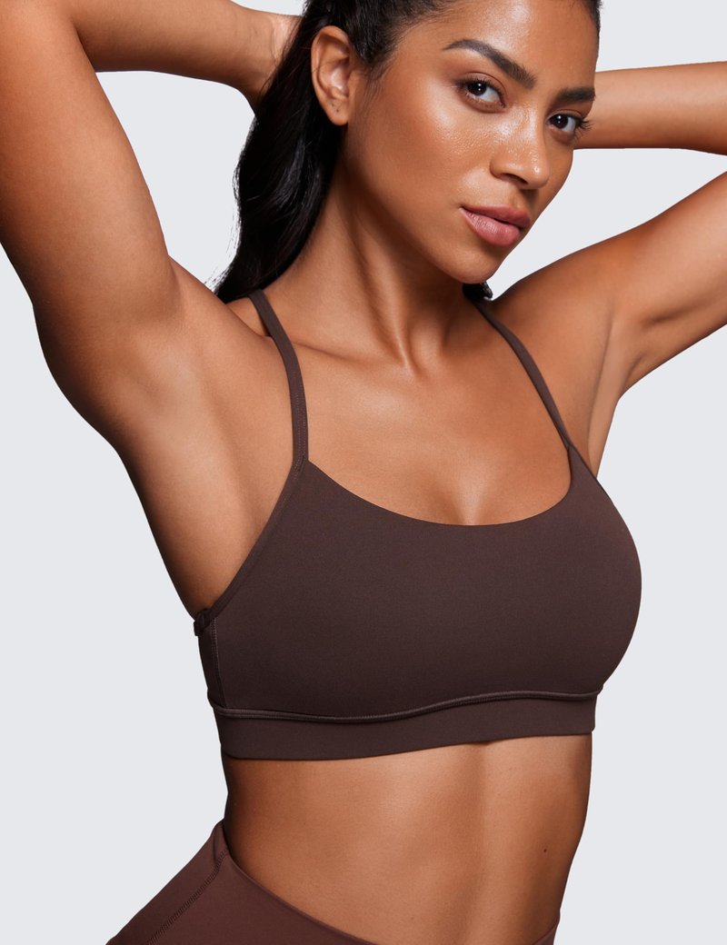 CRZ YOGA Butterluxe Y Back Sports Bras for Women - Padded Racerback Low Impact Spaghetti Thin Strap Workout Yoga Top Hot Fudge Brown Small