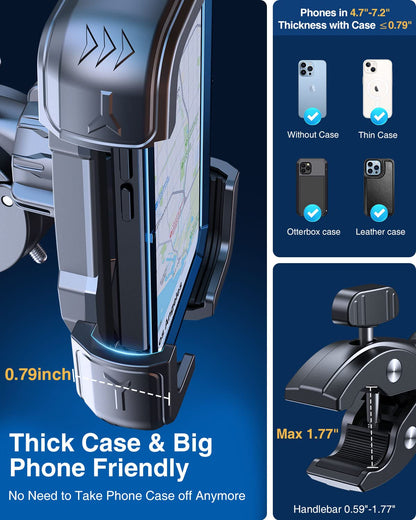 Bovemanx Motorcycle Phone Mount Holder, [150mph Wind Anti-Shake][7.2inch Big Phone Friendly] Bike Phone Holder, Motorcycle Handlebar Cell Phone Clamp, Compatible with iPhone 16 Pro Max, Black