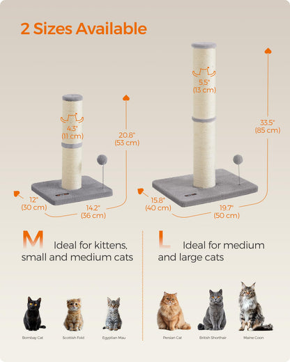 Feandrea Cat Scratching Post, 85 cm Tall Cat Scratcher for Medium and Large Cats, Furniture Scratching Deterrent Sisal Scratch Pole, Spring Pompom with Built-in Bell, Dove Grey PCA041G01