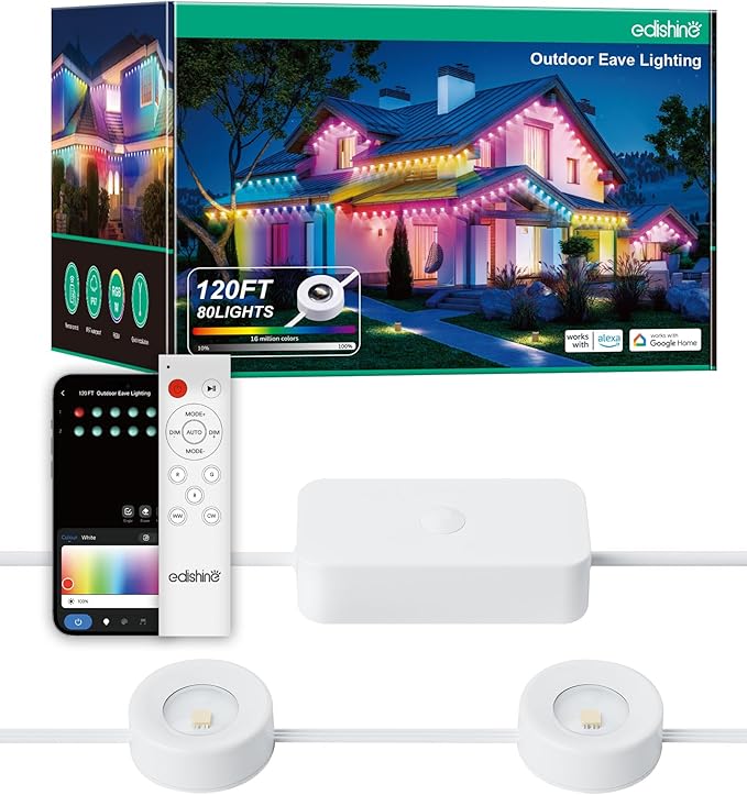EDISHINE 120ft Permanent Outdoor Christmas Lights, 80 LED RGB+IC+Warm/Cool White Eave Light, App/Remote Control, IP67 Waterproof 50 Scene Modes for House and Daily Decor, Alexa Google Enable