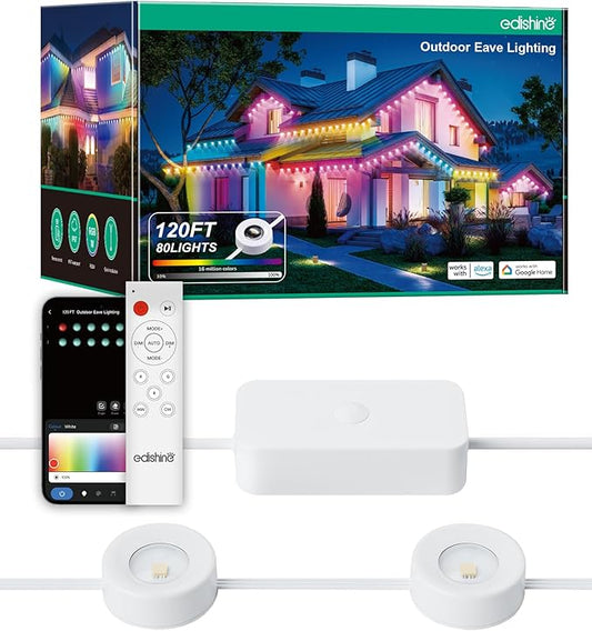 EDISHINE 120ft Permanent Outdoor Christmas Lights, 80 LED RGB+IC+Warm/Cool White Eave Light, App/Remote Control, IP67 Waterproof 50 Scene Modes for House and Daily Decor, Alexa Google Enable