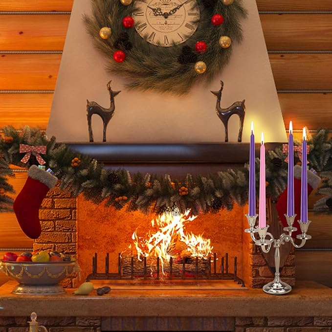 Christmas Advent Candle Set (Set of 4), 10 Inch Christmas Wax Taper Candles, 8 Hours Long Burning Time Dripless Unscented Dinner Candle, 3 Purple & 1 Pink