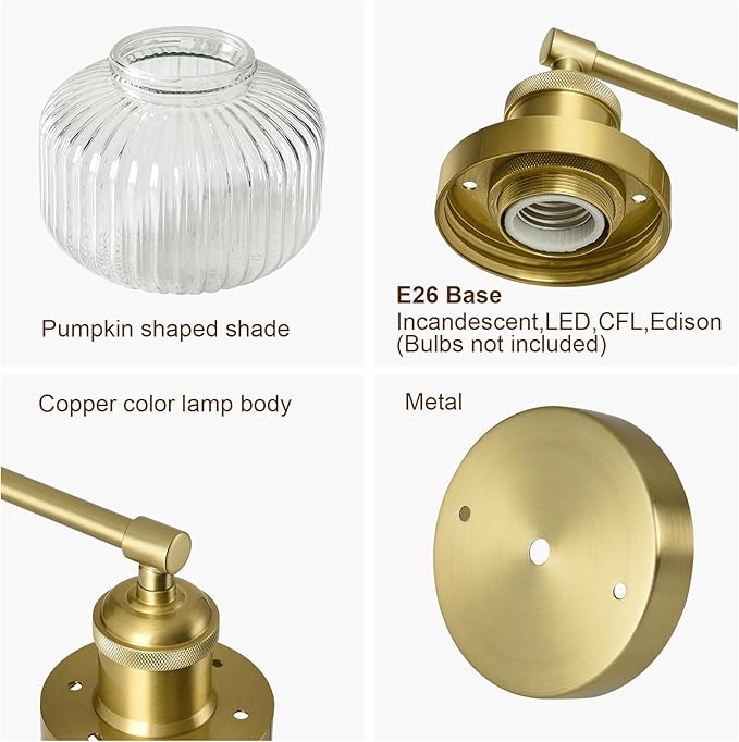 Vintage Wall Sconces with Amber Pumpkin Glass Lampshade, Indoor Bathroom Wall Sconce, Modern Gold Industrial Lighting Fixture for Mirror Living Room Hallway 2 Pack