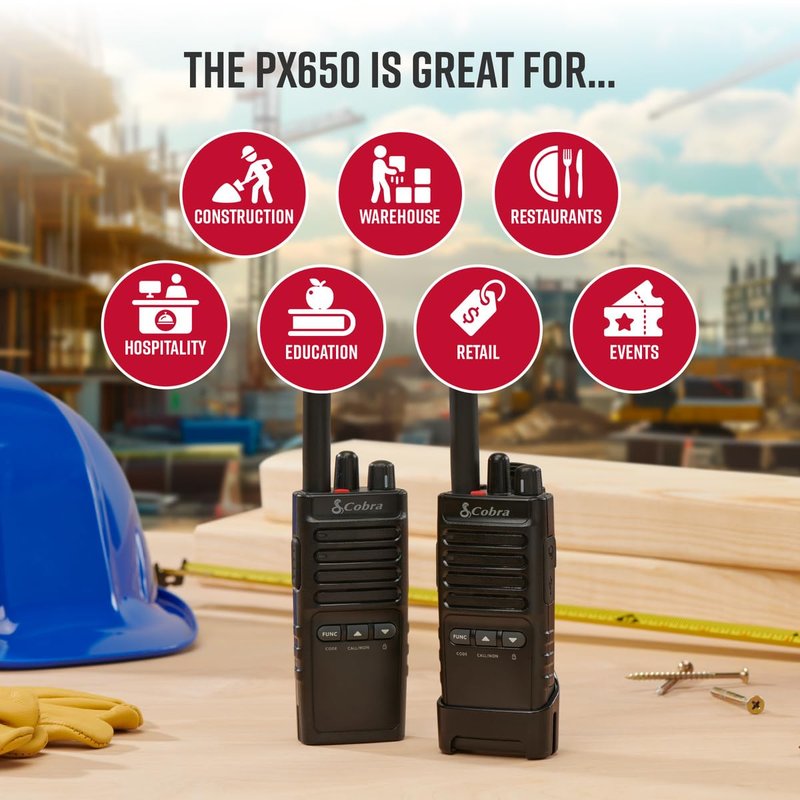 Cobra PX650 - Professional/Business Walkie Talkies - Rechargeable, 300,000 sq. ft/25 Floor Range, Dust Protected and Splashproof (IP54 rating), Two-Way Radio Set (2-Pack)