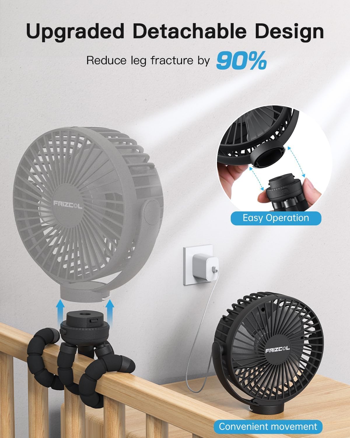 FRIZCOL Portable Stroller Fan, Use As Power Bank, 65H 12000mAh Battery Operated Fan Flexible Tripod Baby Car Seat Fans with Timming, Personal Mini Handheld/Desk/Small Clip On Fans For Stroller