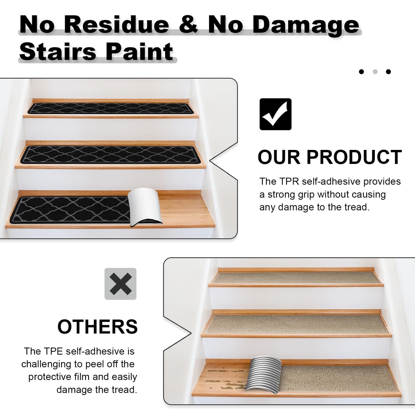Stair Treads Non-Slip Carpet Indoor, 15 Packs 30X8in Stair Carpet Runners for Wooden Steps with Reusable Adhesive for Kids Elders, and Dogs, 100% Polyester Surface TPR Backing Stair Rugs, Black