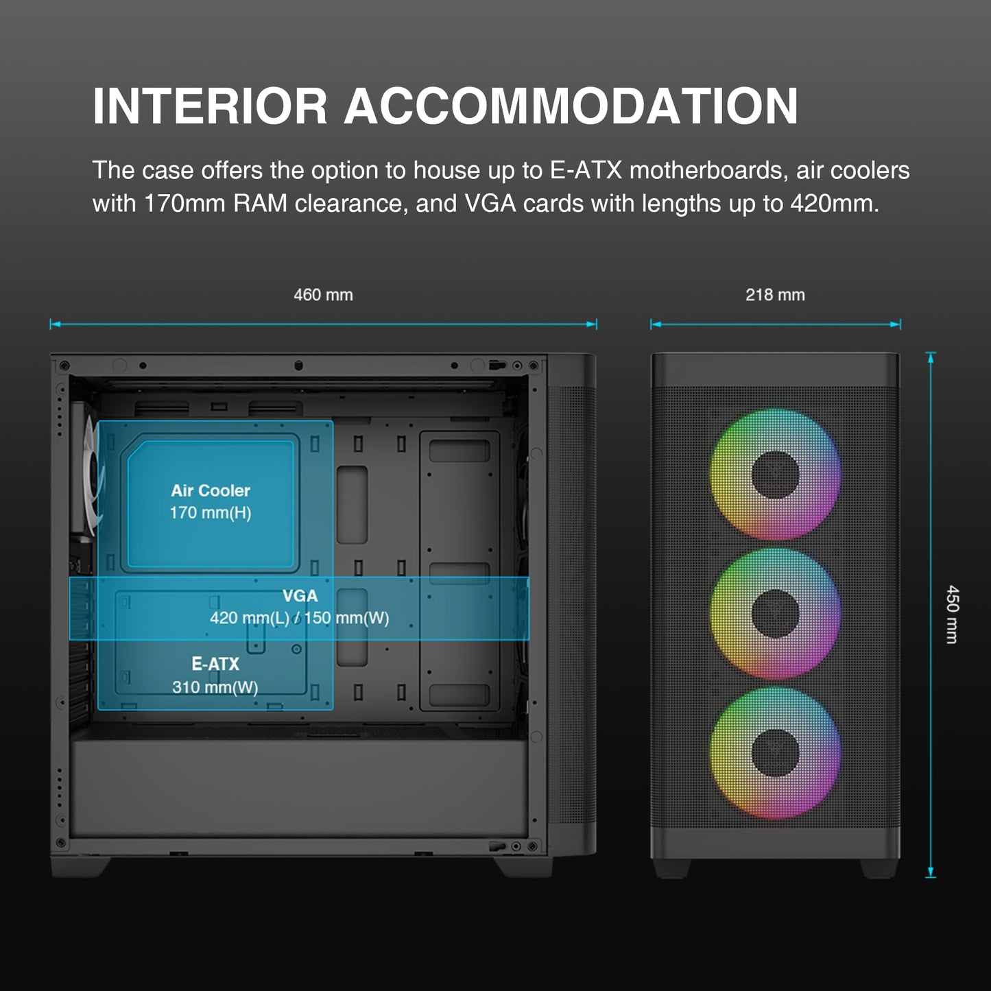GAMDIAS ATX Mid Tower Computer Case Tempered Glass, Gaming PC Case Support Dual 360mm AIO/Radiator, 7x120mm Case Fans (4X 120mm Built-in), 420mm GPU/VGA, USB3.0X 2, Type C x1, 170mm CPU Cooler