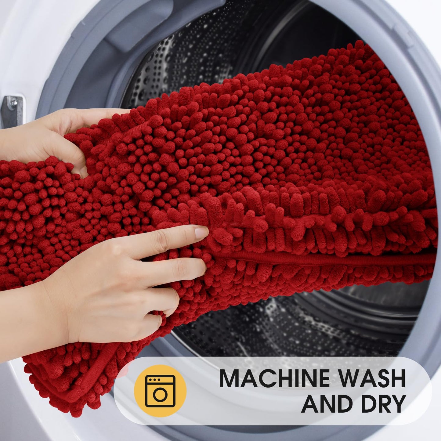 ACCUMTEK Upgrade Extra Large Red Bathroom Rug Set 3 Pieces Ultra Soft, Thick Absorbent Bath Mats, Non Slip Chenille Toilet Mat for Bathroom, Bedroom, Kitchen