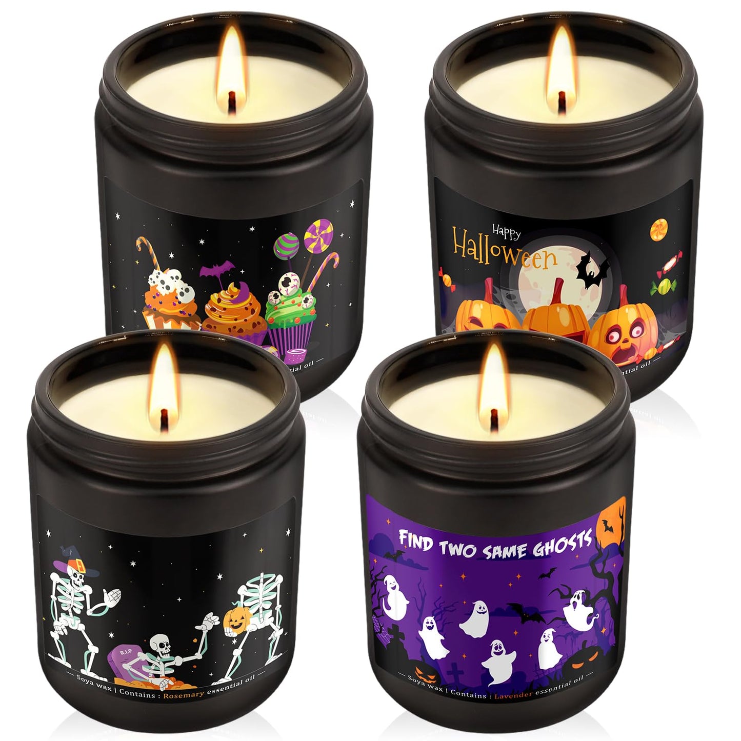 Wfmolcand Halloween Candle Set, 4 Pack Scented Candles Gift with Pumpkin|Skull|Ghost|Witch|, Long Lasting Burn Candles (7 oz Each), for Halloween Decorations Indoor, Candle Gift Set for Holiday.