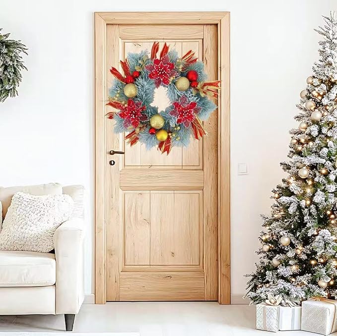 20 Inch Christmas Wreath for Front Door, Artificial Golden Glitter Wreath with Red Poinsettia Flowers Balls Ornaments for Door Wall Window Fireplace Party Decor