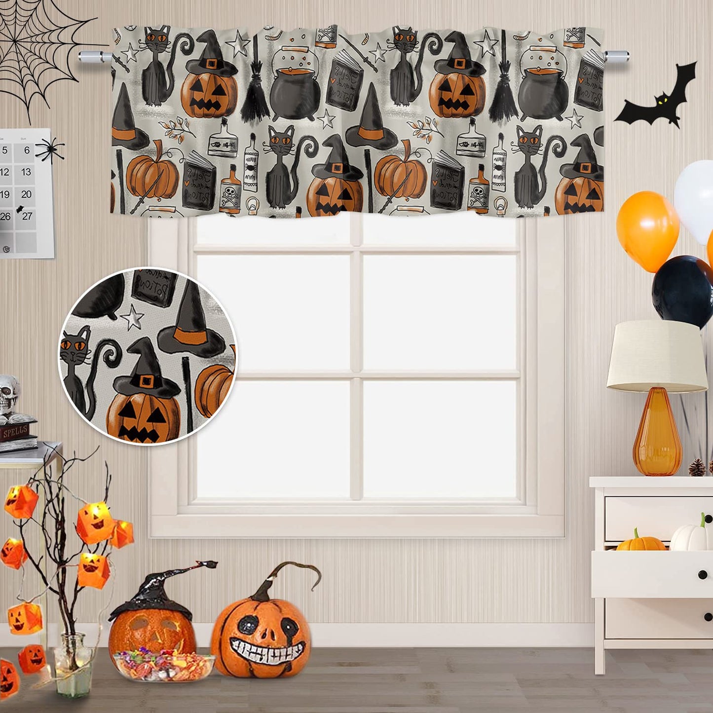 ALAGEO Halloween Valances Windows Curtain Pumpkin with Witch Hat Kitchen Valances Rod Pocket Black Cat Retro Style Short Topper Curtains for Kitchen Bathroom Living Room 1 Panel,54 by 18 inches