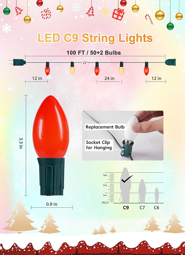 Vintage C9 LED Christmas Lights Outdoor, 100 Feet String Lights with 50 Shatterproof Bulbs, Waterproof Connectable Christmas Tree Lights for Outside Roofline Patio Xmas Decor, Red & Warm White
