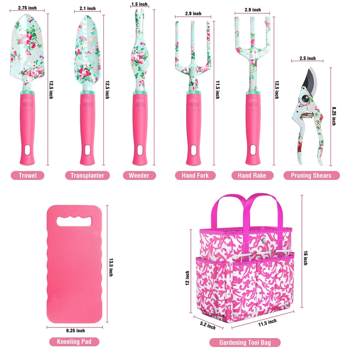 Gardening Tools, 8 Pcs Heavy Duty Floral Garden Tool Set Birthday Gifts for Women WANCHI Rose Red Gardening Kit (Garden Tool Bag Kneeling Pad Weeder Fork Hand Rake Pruning Shears Trowel Transplanter)