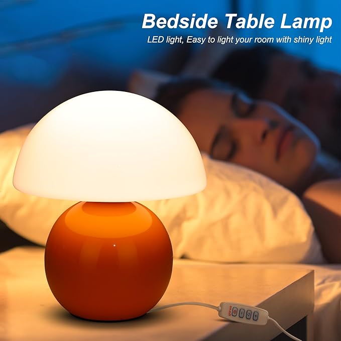 Small Mushroom Lamp,USB-Plug in Bedside Table Lamps with 3-Temperature LED Bulb Dimmable,Unique Cute Aesthetic Home Decor for Living Room,Bedroom, Modern Ceramic Base Glass Lamp(Orange)