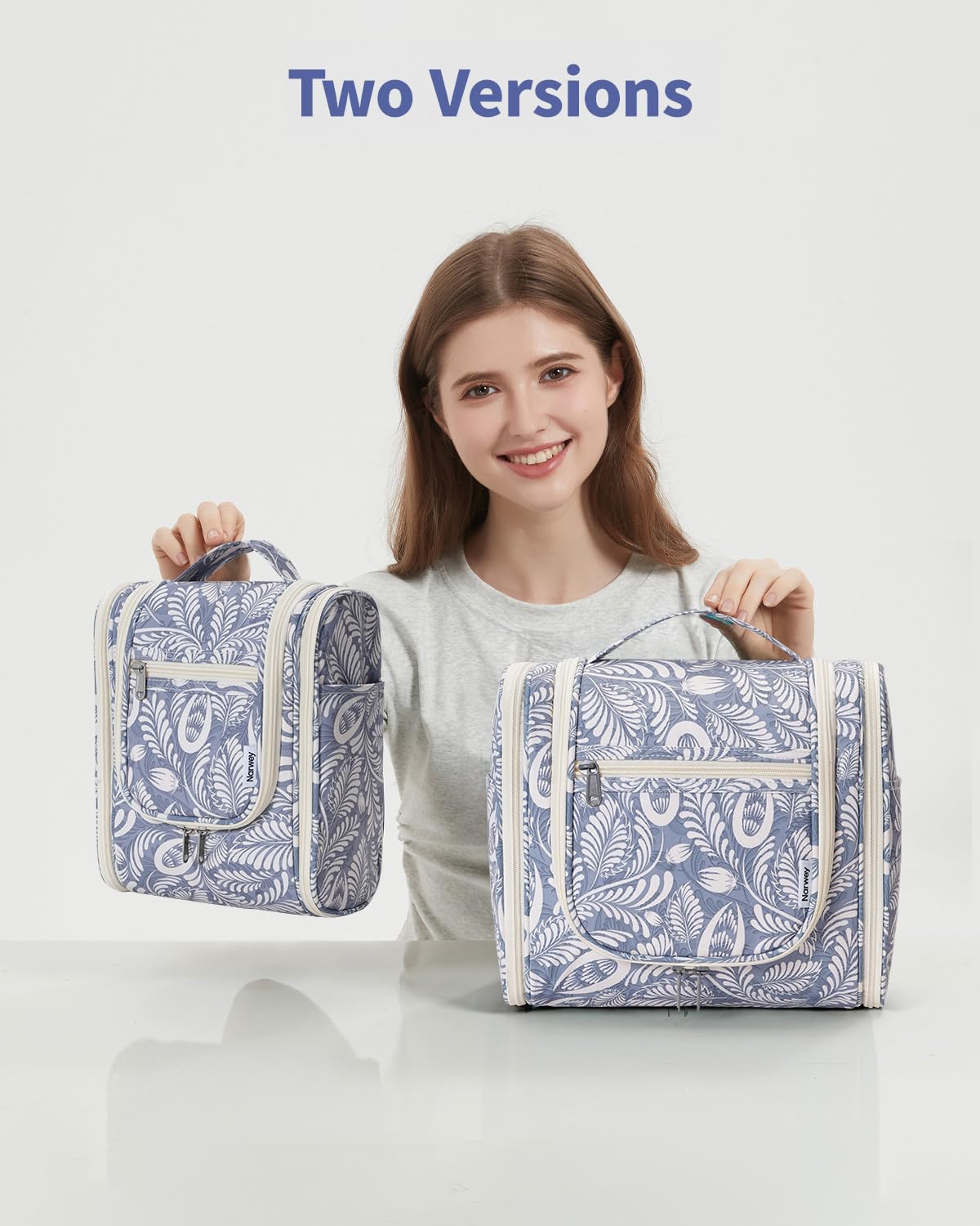 Narwey Hanging Toiletry Wash Bag, Travel Toiletry Bags for Women, Toiletries Bag Washbag Makeup Cosmetic Organiser for Holiday Essentials Accessories (Blue Leaf (Small))