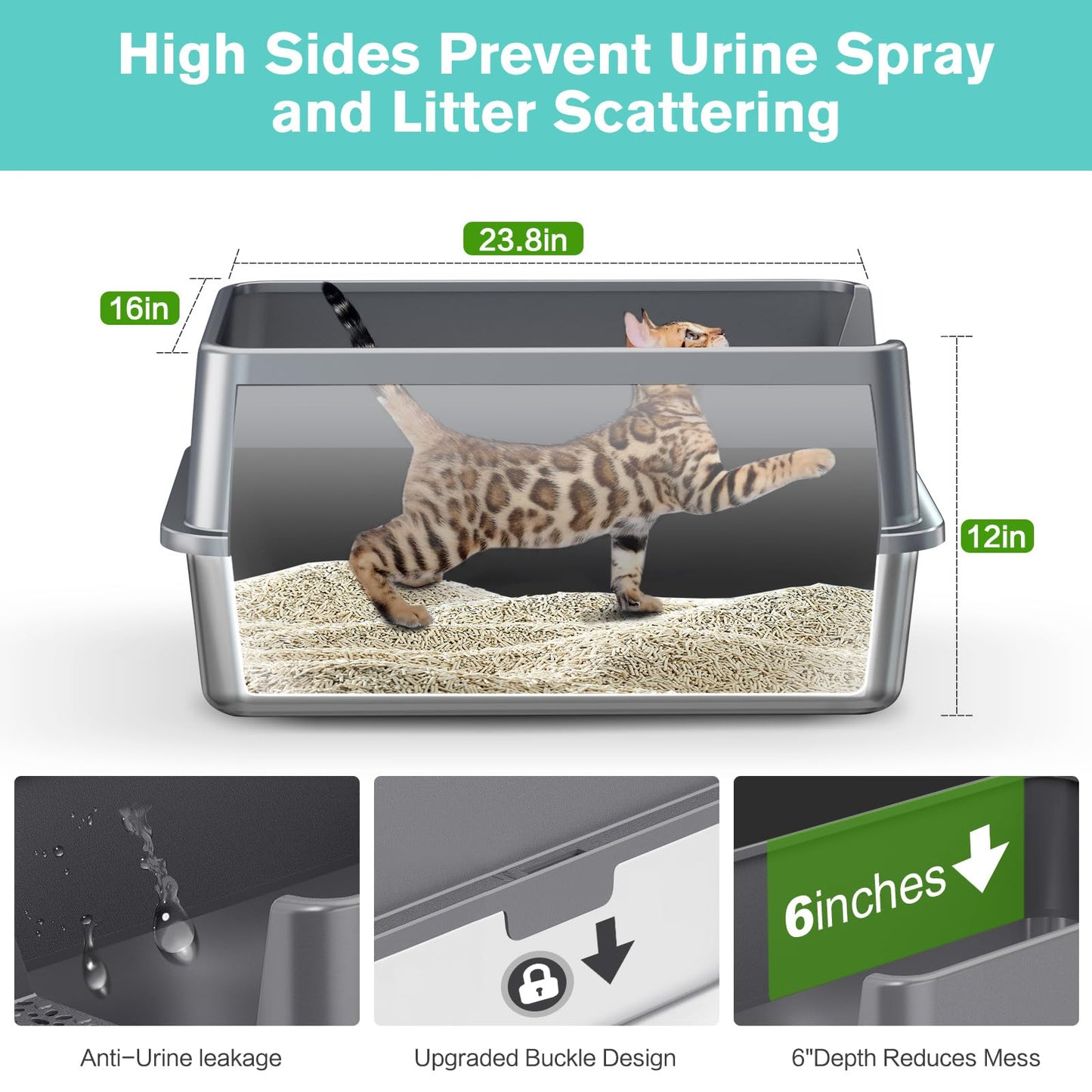 2PACK Stainless Steel Cat Litter Box with High Sides Lid, Extra Large XL Litter Box for Big Cats, Metal Kitty Litter Boxes with Anti-Leakage Enclosure,Non-Stick,Odorless,Scoop Included