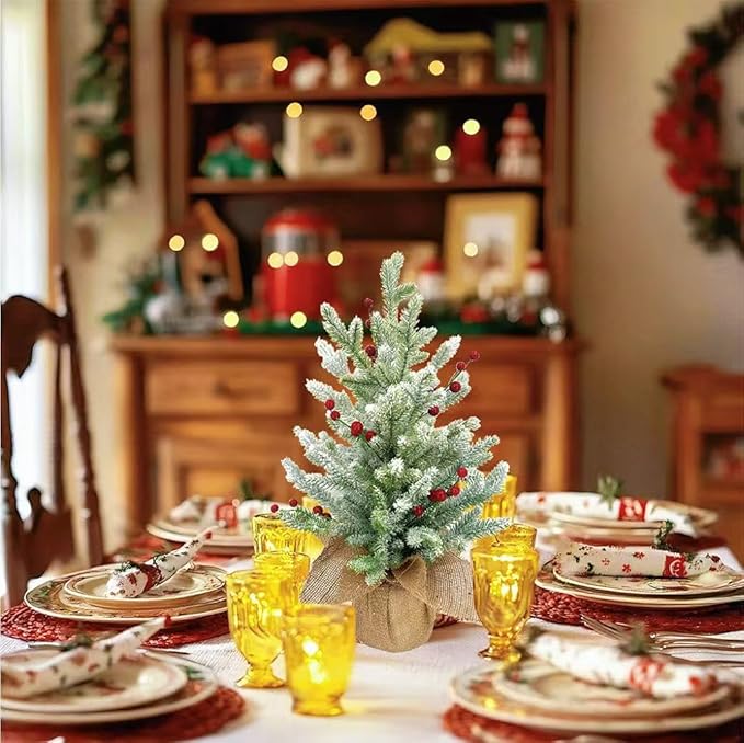 20 Inch Flocked Christmas Tree with Berry Picks - Snow Covered Artificial Tabletop Tree with Burlap Base, Mini Holiday Decor for Home Office Mantel Party