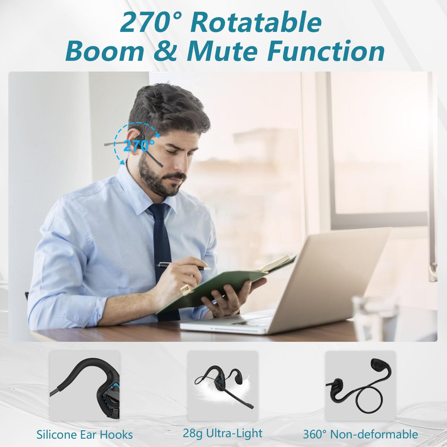 BANIGIPA Bluetooth Headset with Boom Microphone, Open Ear Headphones w/Noise Canceling Mic, Wireless Headset for Phone Laptop PC Computer, Light and Comfortable for Office Meeting Home Working-10 Hrs