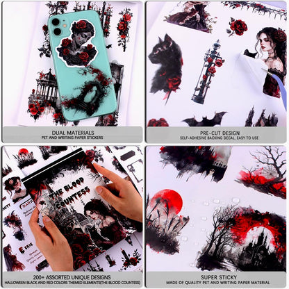 Dwetpzo Halloween Precut Scrapbook Sticker Book for Adults, Transparent PET & Writing Paper Stickers, Adhesive Sticker for Journaling, Junk Journals, Scrapbooking Supplies, 20 Sheets, A5