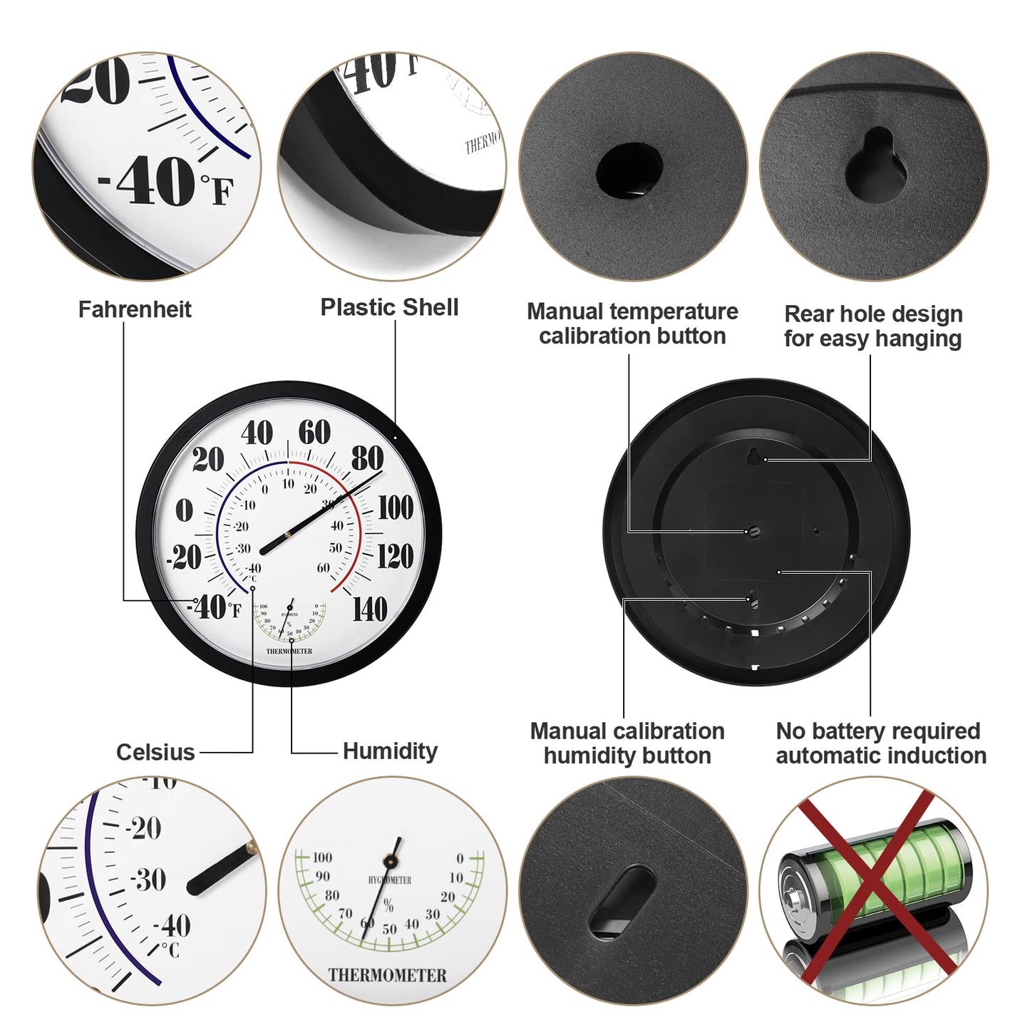 Indoor Outdoor Thermometer Wall Large Numbers Thermometer No Battery 10" Hanging Digital Weather Hygrometers for Home Garden Outside Patio Decor (Black)