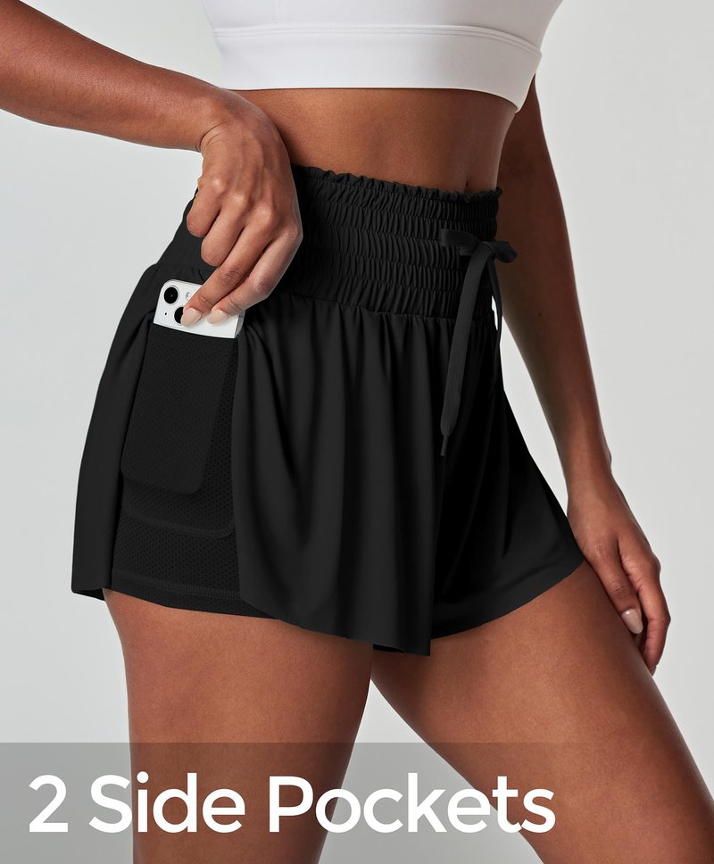 IUGA Athletic Shorts for Women High Waisted Butterfly Shorts Flowy Running Workout Tennis Skorts with Pockets Preppy Clothes Black