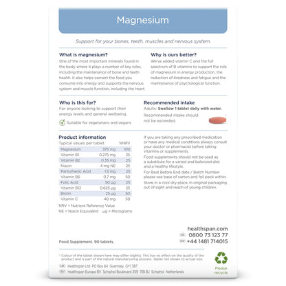 Healthspan Magnesium 375mg | Everyday Support for Muscles & Nervous System | Added B Vitamins Complex | Added Benefits for Your Bones, Teeth & Energy Levels | Vegan (90 Tablets)