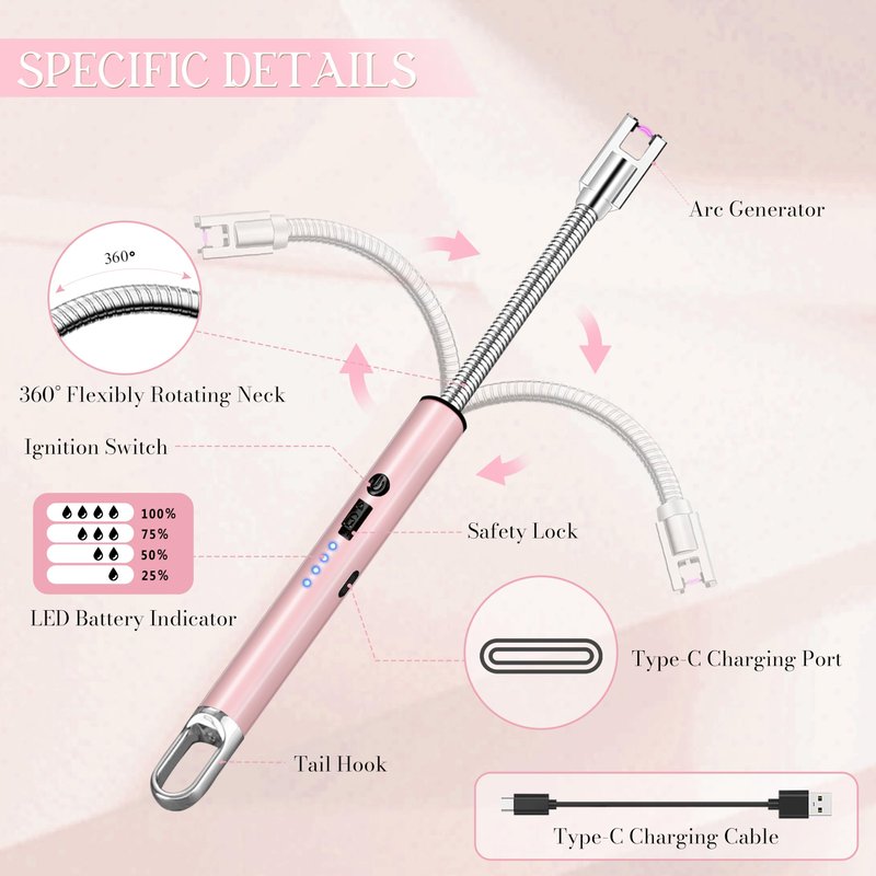 Electric Lighter, Candle Lighter Flameless Windproof with 360° Flexible Neck & LED Power Display, Type C Arc Rechargeable Lighters for BBQ, Camping, Cooking, Gift for Christmas, Thanksgiving, Birthday