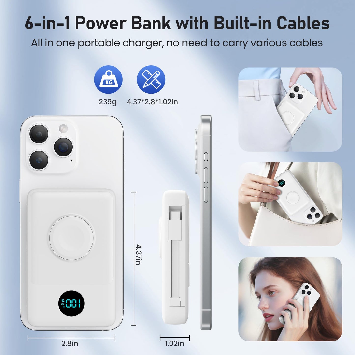 Magnetic Portable Charger for iPhone with Built-in Cables, 6-in-1 10800mAh Power Bank with iWatch Charger & LCD Display,25W PD Fast Charging Battery Pack for Magsafe,iPhone 16/15/14/13/12,Apple Watch