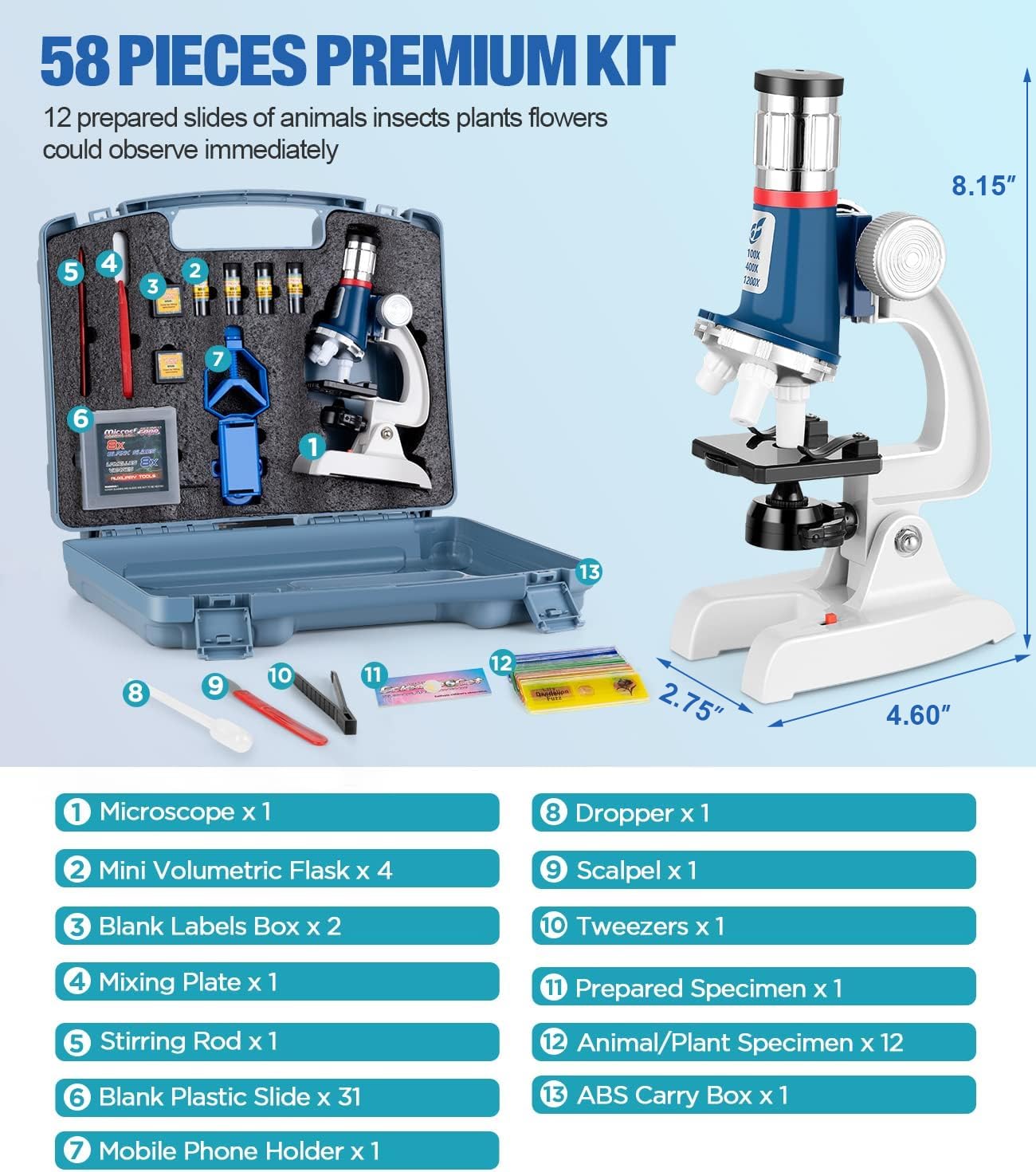 58-Piece Kids Microscope Kit - 100X-1200X Magnification, Metal Body, LED Light, Carrying Box - Science Experiment Toy for Kids Ages 5-12