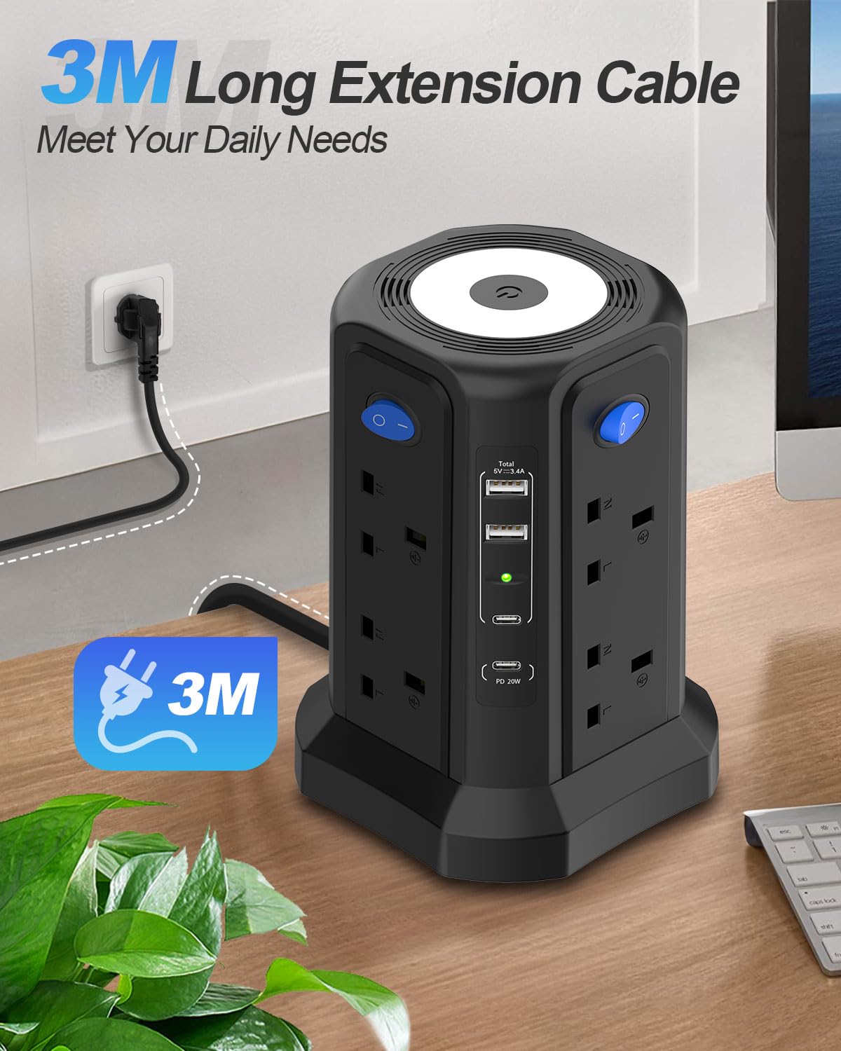 Tower Extension Lead 3M with USB Slots, (13A 3250W) PD 20W Fast Charger & Night Light, 4 USB Ports & 8 Way Surge Protected Extension Lead with 4 Independent Switch, Extension Cable for Home Office