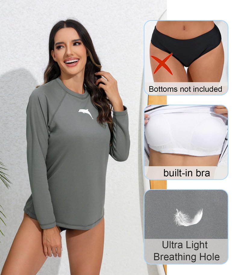 Halcurt Women's Long Sleeve Rash Guard Swim Shirt with Built in Bra Lightweight UPF50+ Quick Dry Swimsuit Top Grey L