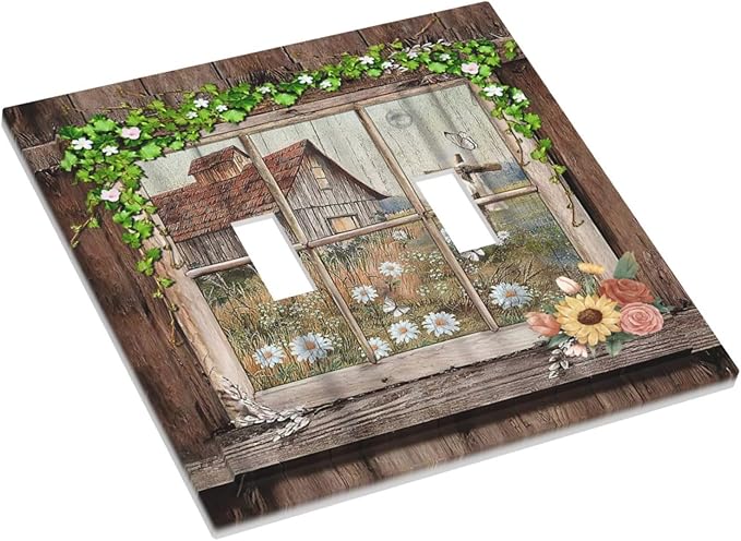 Farm Barn Farmhouse Rustic Country Flower Double Toggle Light Switch Cover Decorative 2 Gang Wall Plate Electrical Switchplate Faceplate for Bathroom Kitchen Decorate Accessories