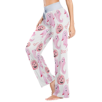 Fisyme Halloween Ghosts Pink Pajama Pants for Women Soft Comfy Pjs Bottoms Drawstring Wide Leg Jogger Lounge Sweat Pants Sleepwear, M