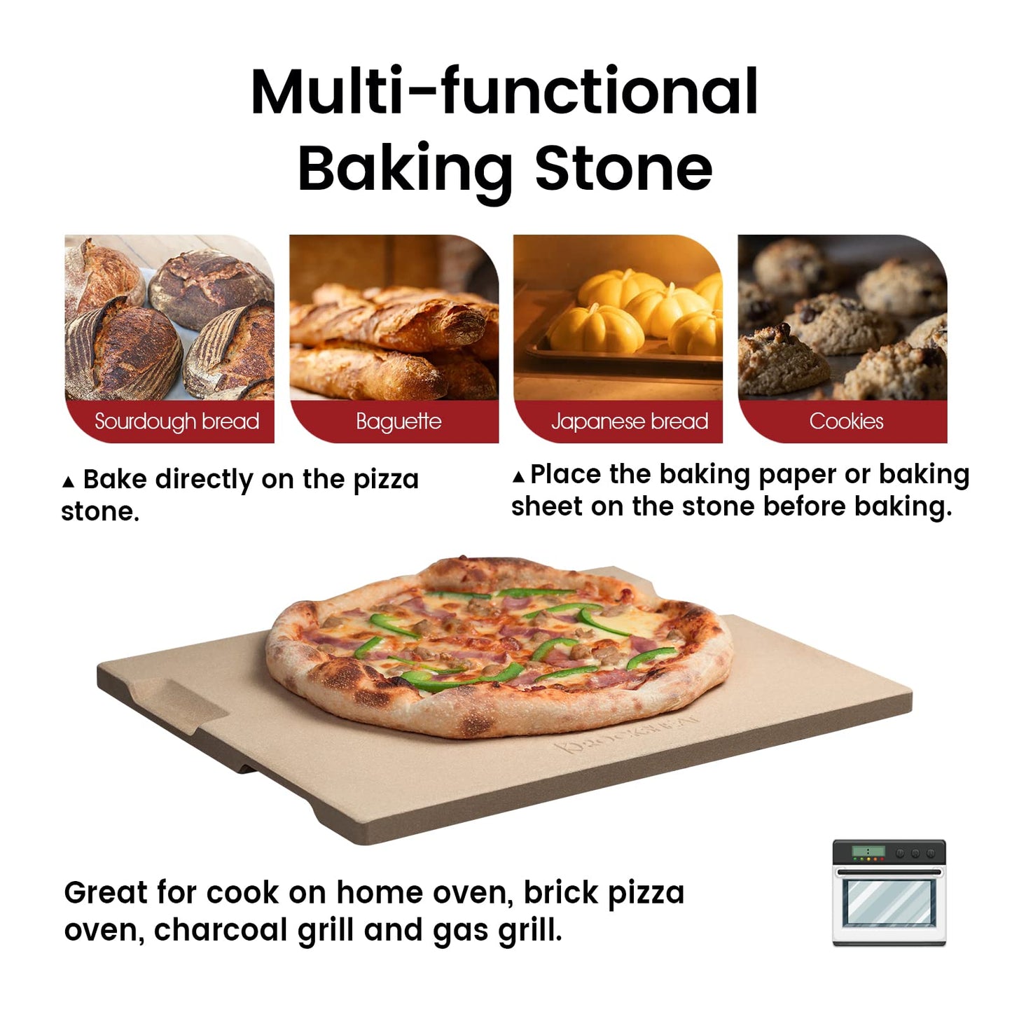 ROCKSHEAT Pizza Stone Bread Baking Stone 30 x 38cm Rectangular Stone for Oven and Grill Innovative Double-Sided Built-in Design with 4 Handles Pizza Stones