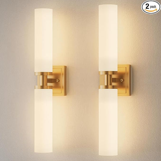 Gold Wall Sconces Set of Two, Bathroom Sconces with Frosted Glass Shade, Modern Vanity Sconces Lighting over Mirror, Wall Light Fixtures for Living Room Bedroom Hallway (Bulbs Not Included)