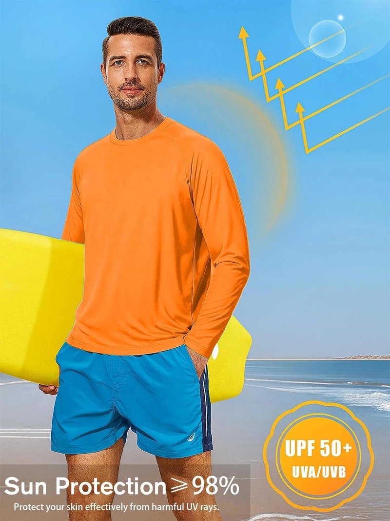 KINGFEN Rash Guard for Men Long Sleeve Swimming Shirts Quick Dry UV Fishing Shirts Lightweight Sun Protection Hiking Tee Mens Orange