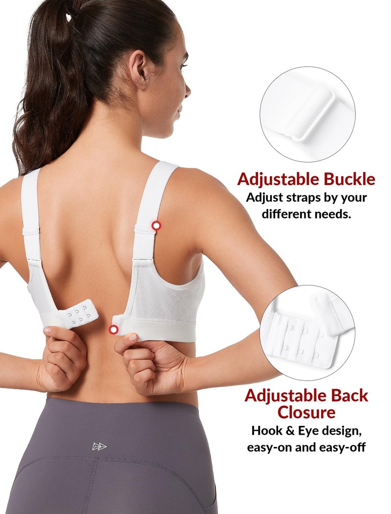 Yvette Supportive Adjustable Sports Bras for Women High Impact Support, Sewn-in Molded Cup Running Bra Large Bust No Bounce, Wireless Comfortable Workout HIIT with Hook & Eye Closure,White, M+